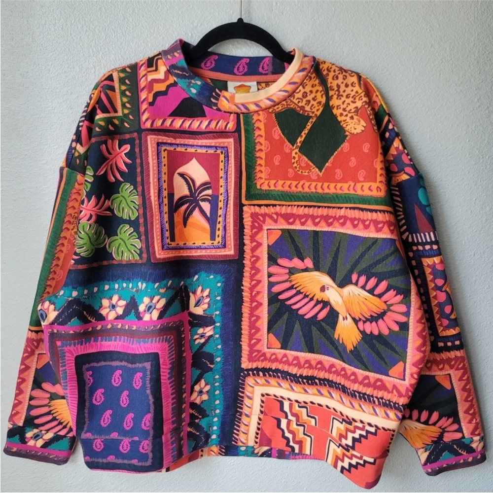 Farm Rio Mixed Scarves Patchwork Sweatshirt Bird Tropical Print Boxy Pullover 🐆